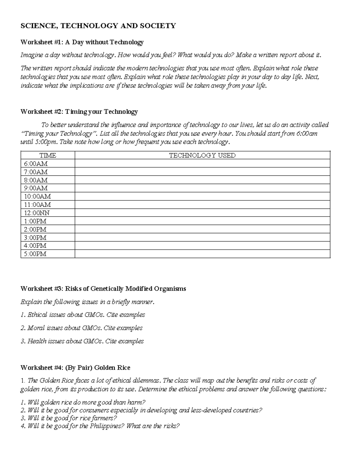 STS- Worksheet - Activities on Science, Technology & Society Analysis ...