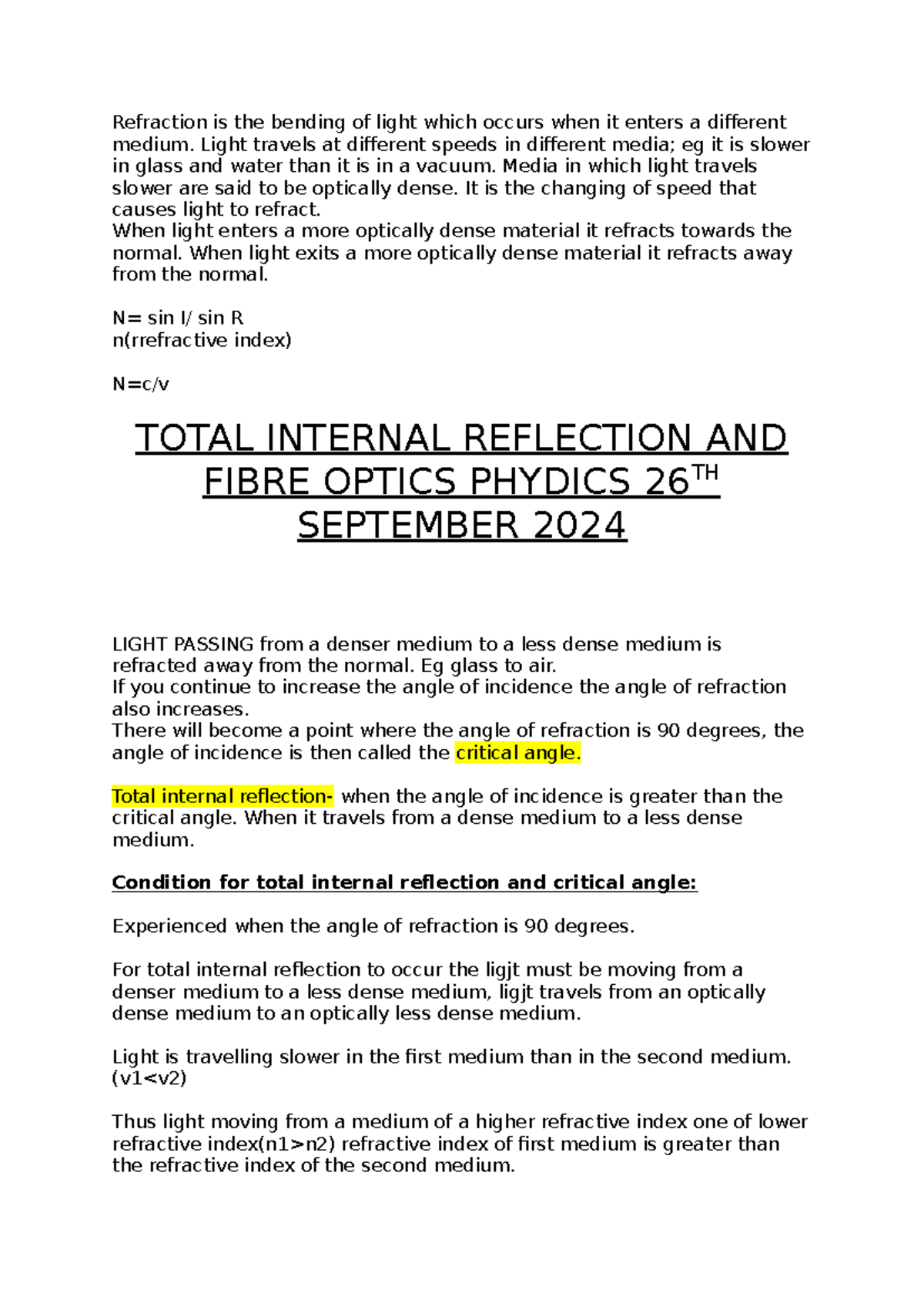 Total Internal Reflection AND Fibre Optics Physics 26TH September 2024 ...