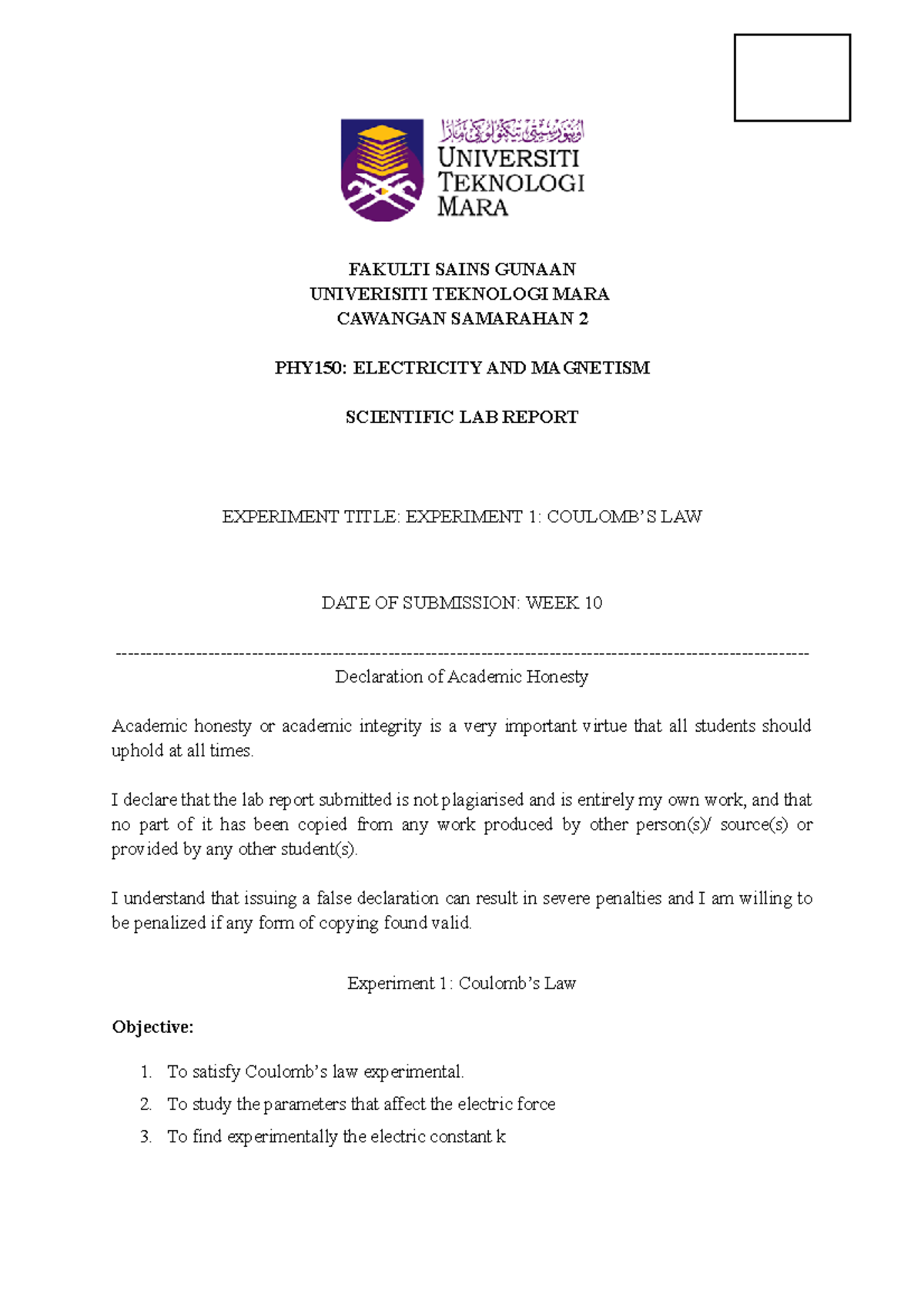 PHY150: Lab Report on Experiment 1 - Coulomb's Law Analysis - Studocu