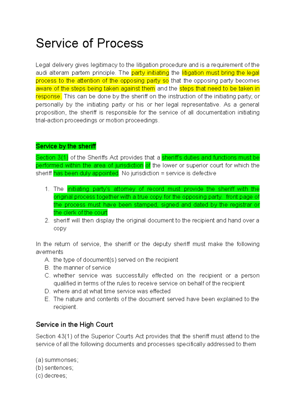 Civil procedure exam notes - Service of Process Legal delivery gives ...