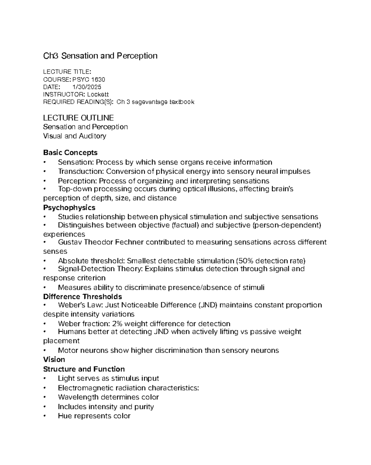 Ch3 lecture summary Sensory and Perception - Ch3 Sensation and ...