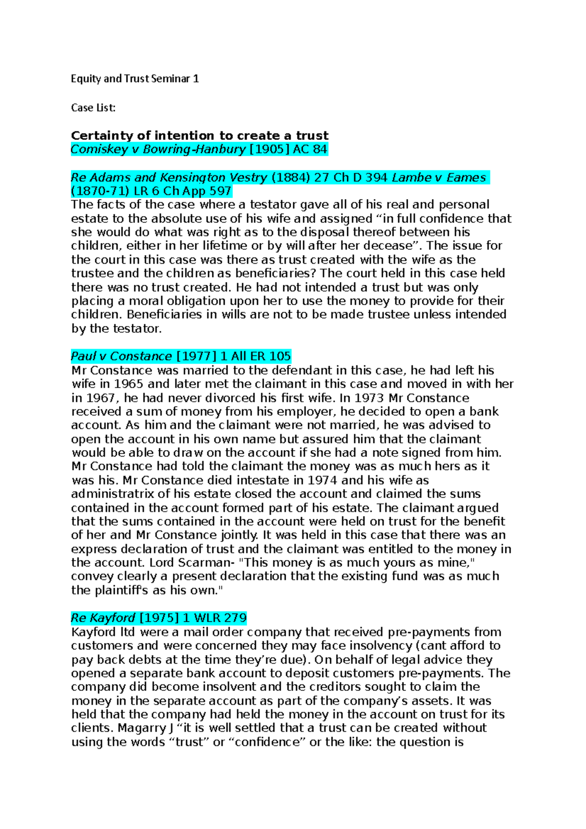 Equity and Trusts Seminar 1: Key Case Law Insights and Analysis - Studocu