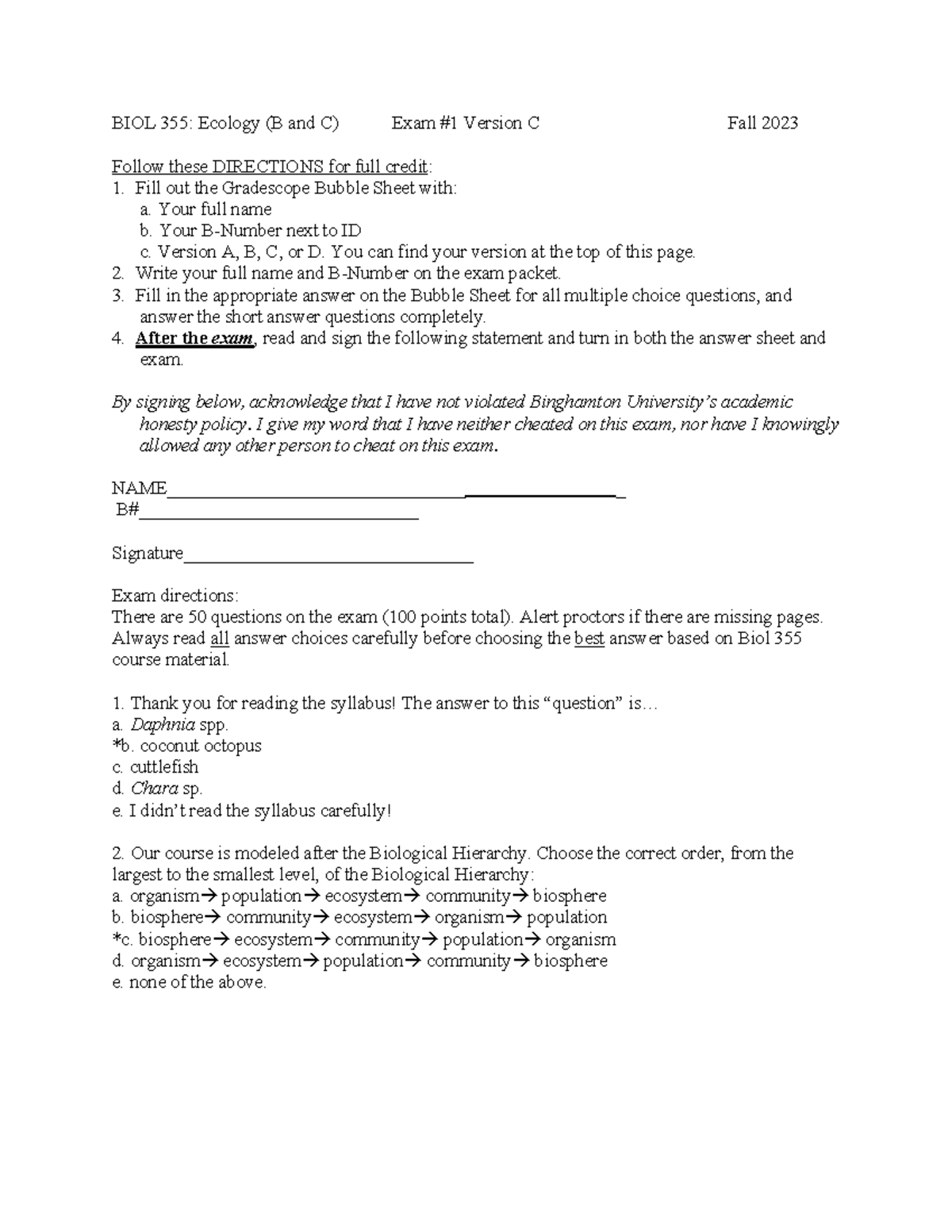 BIOL 355: Ecology Exam #1C Key - Fall 2023 Final Review - Studocu