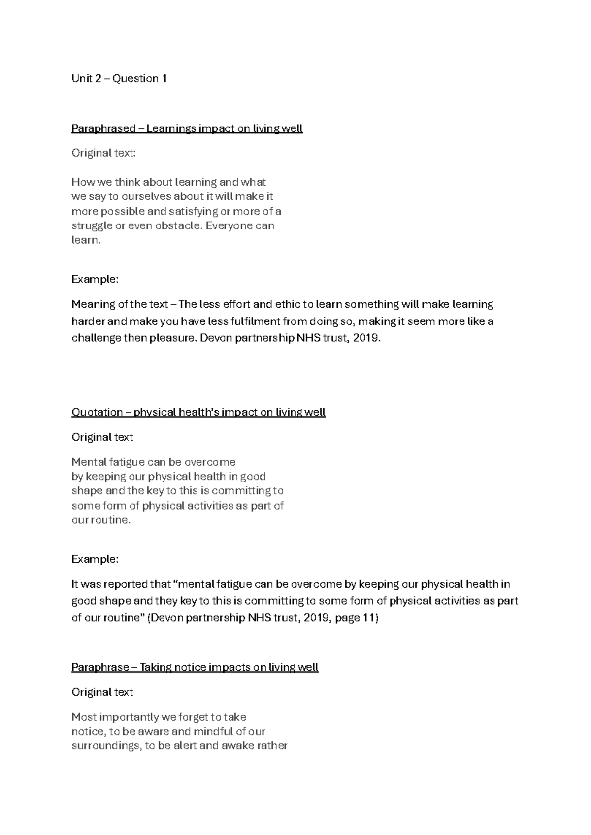 Unit 2 Q1: Paraphrased Learnings & Their Impact on Living Well - Studocu
