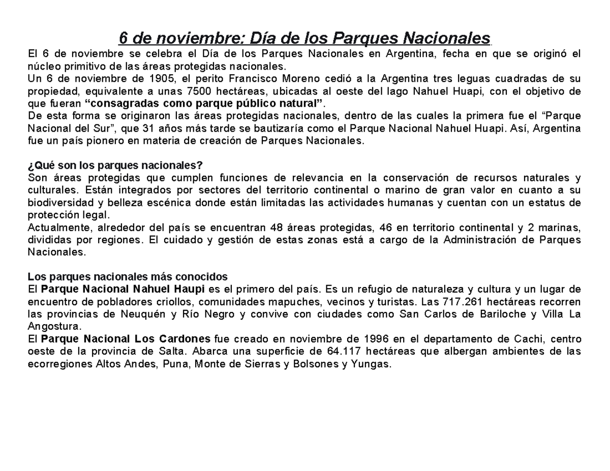 Día de los Parques Nacionales en Argentina - 6 de Noviembre - Studocu