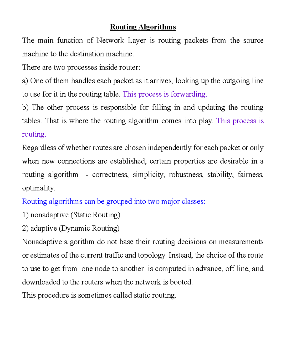 Notes - Routing Algorithms The main function of Network Layer is ...