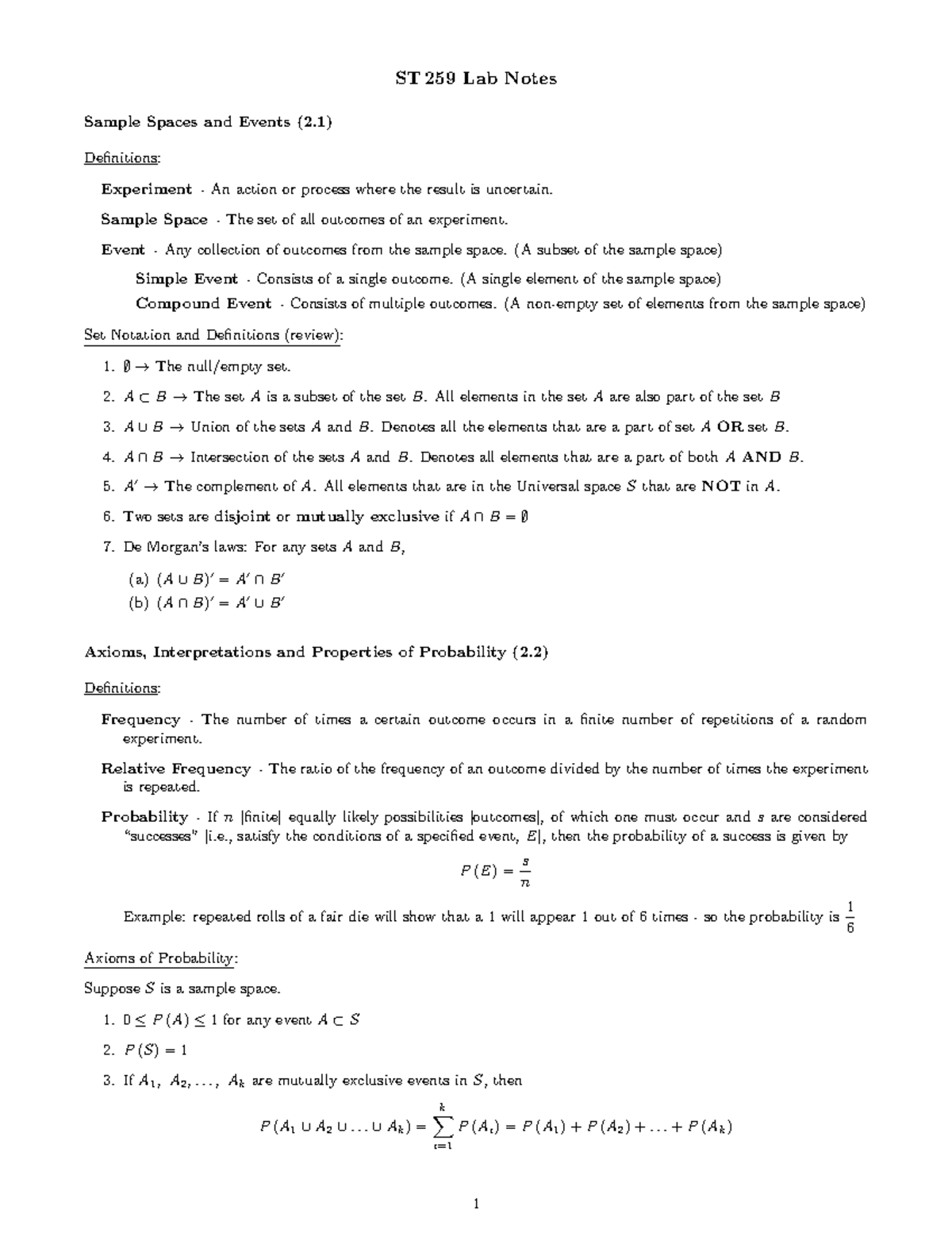 259 Lab 1 Notes - ST 259 Lab Notes Sample Spaces and Events (2 ...