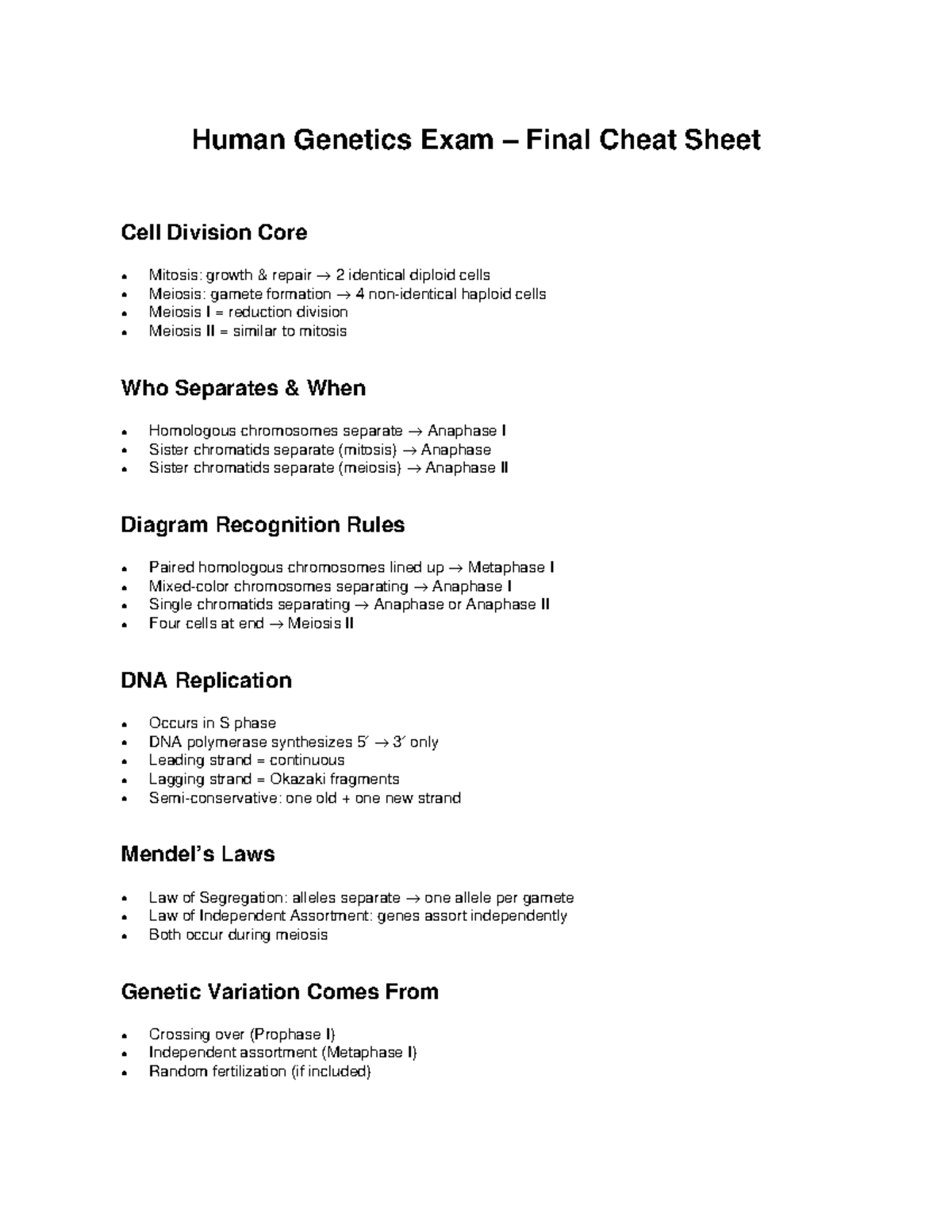 Genetics Exam 1: Cheat Sheet on Mitosis & Meiosis Concepts - Studocu