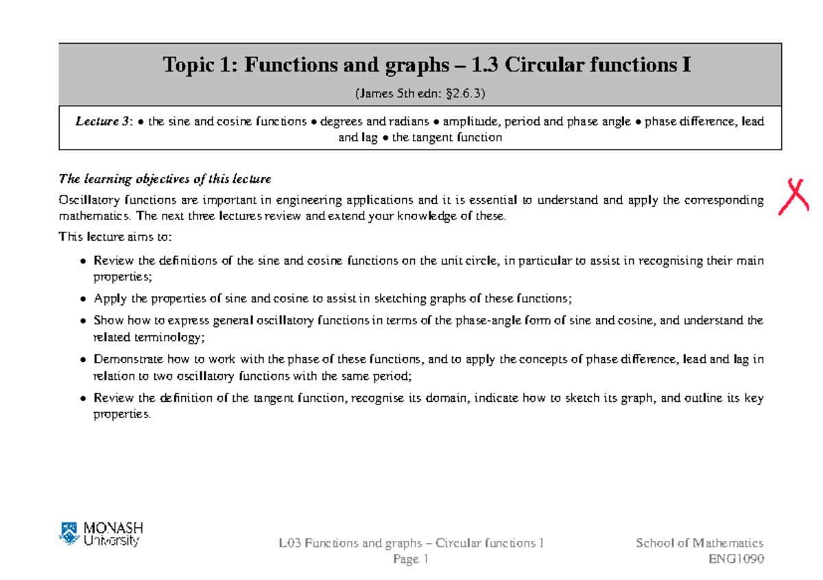 ENG1090 Lecture 3: Circular Functions - Sine, Cosine, and Tangent - Studocu