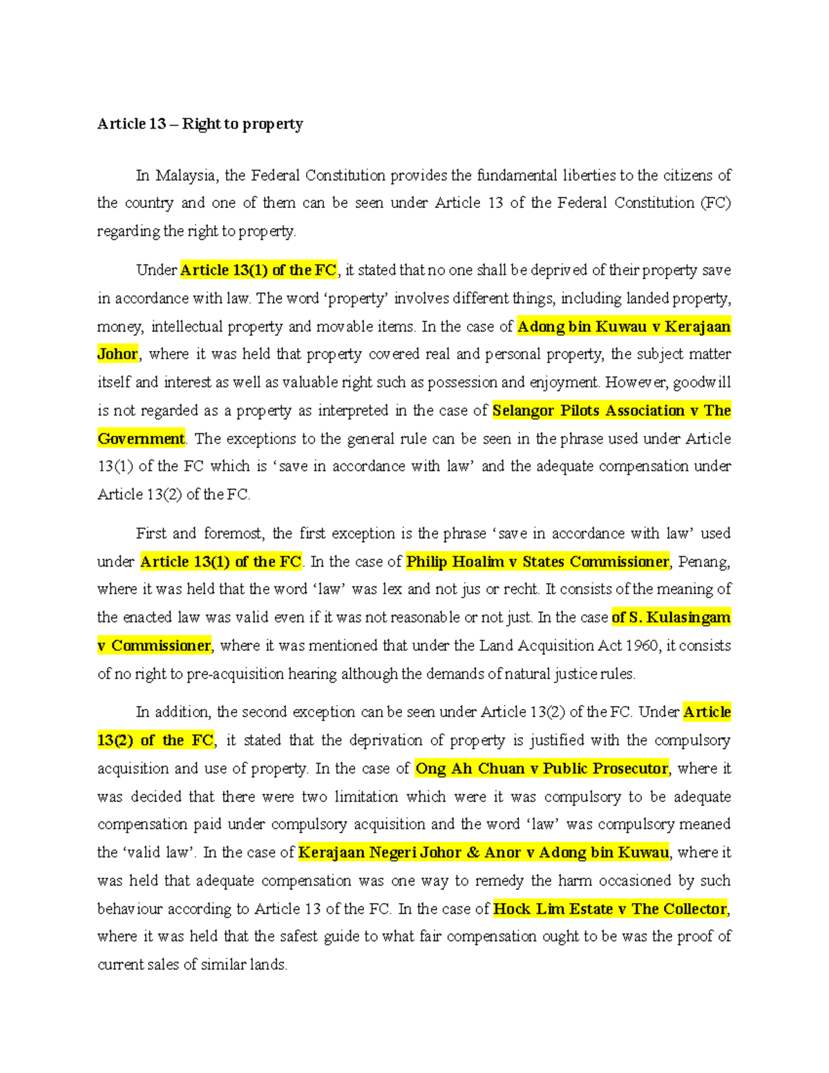 Article 13 – Right to property - Article 13 – Right to property In ...