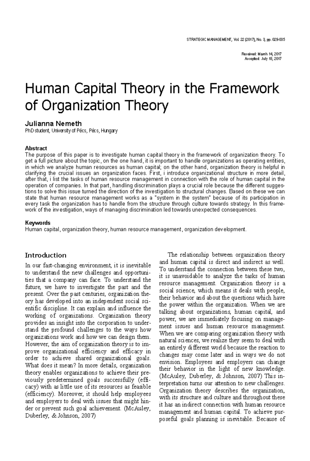 Human Capital Theory in Organization Theory: Insights and Implications ...