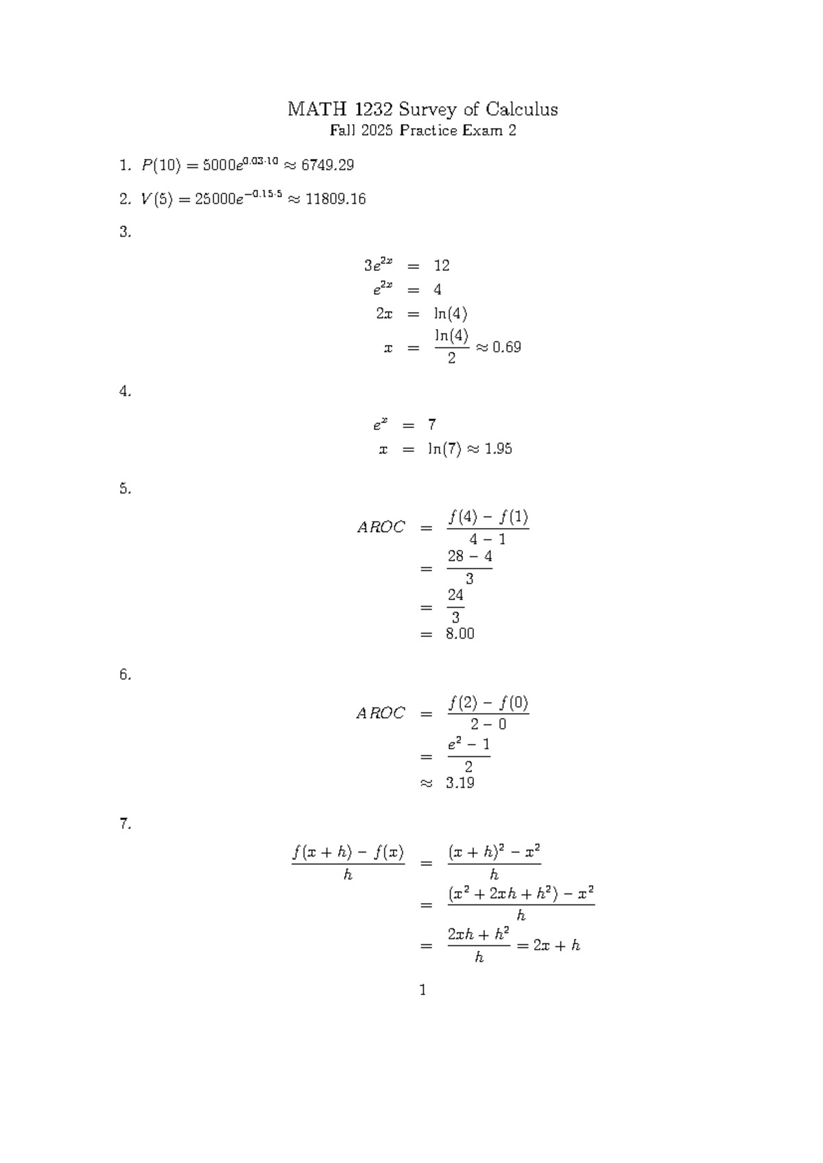 MATH 1232 Fall 2025 Survey of Calculus Practice Exam 2 - Studocu