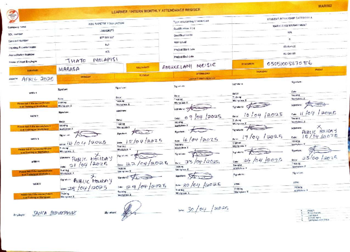 MARO02 Monthly Attendance Register for Student Internship - KEO RAPETSE ...