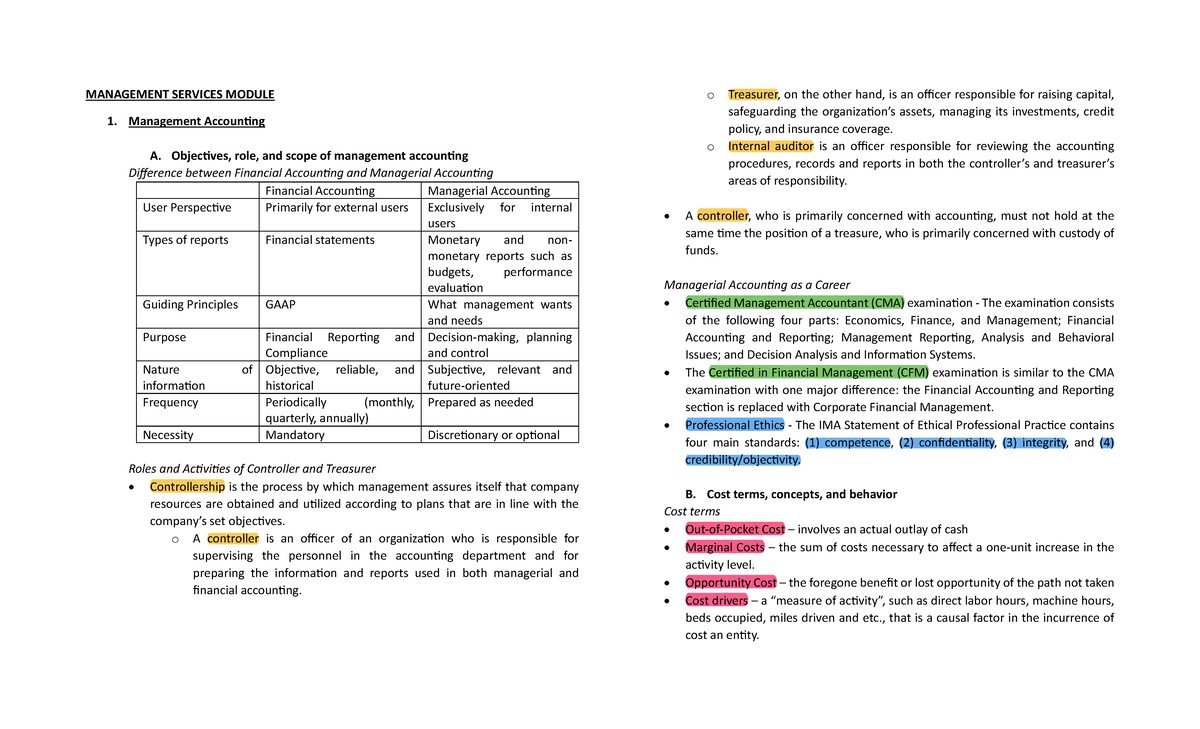 MAS-Module 1: Management Accounting Overview and Key Concepts - Studocu