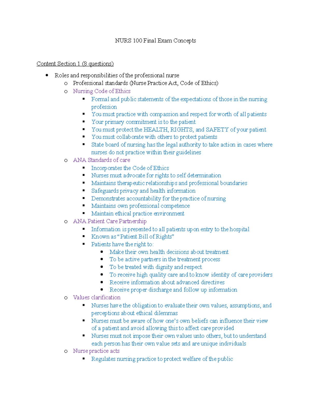 Final exam sg - fundamentals study guide - NURS 100 Final Exam Concepts ...