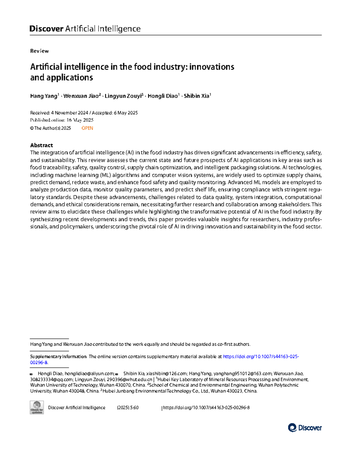AI Innovations in Food Industry: Review of Applications & Challenges ...