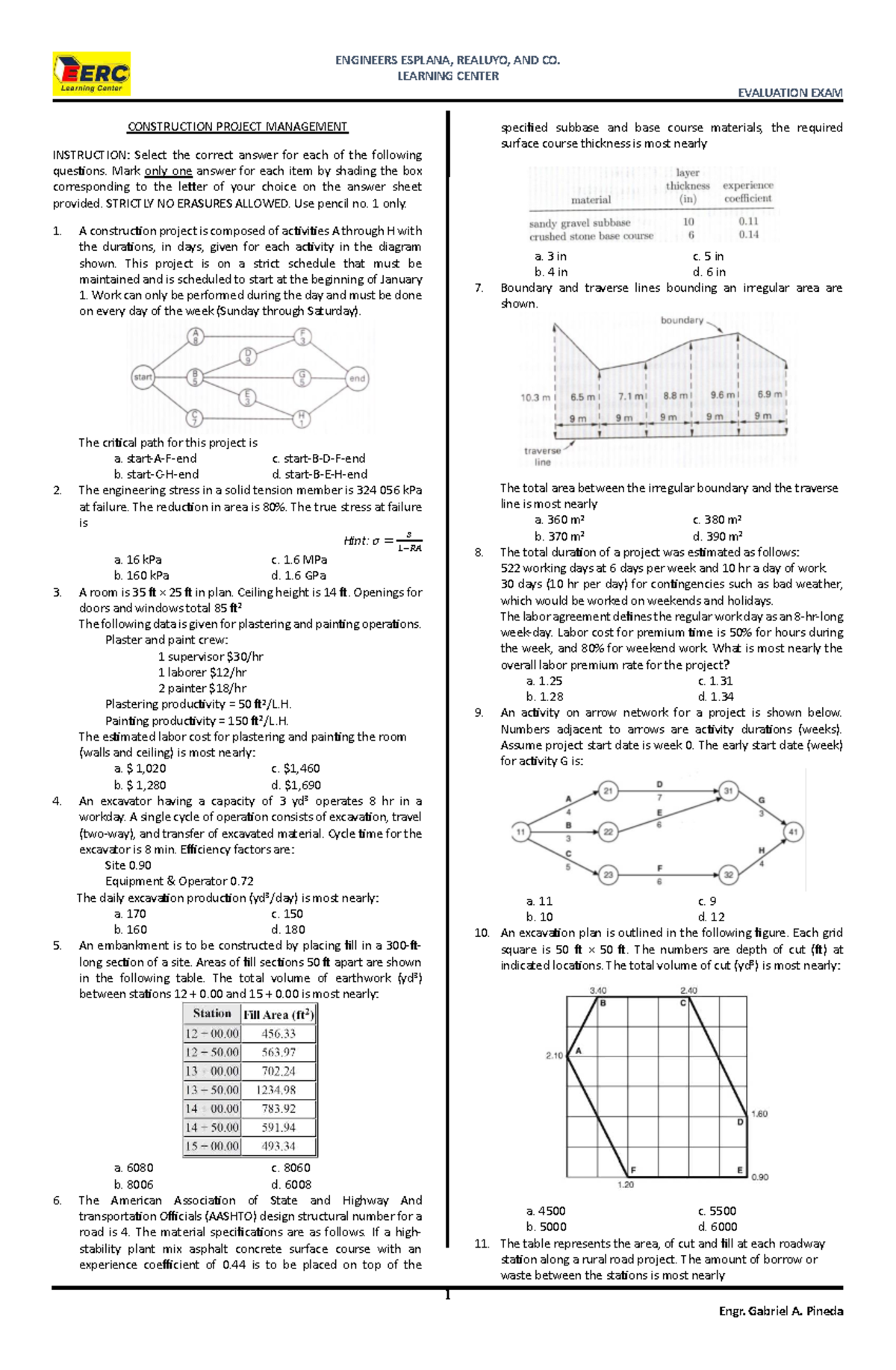 ENGR 101: Construction Project Management Evaluation Exam - Studocu