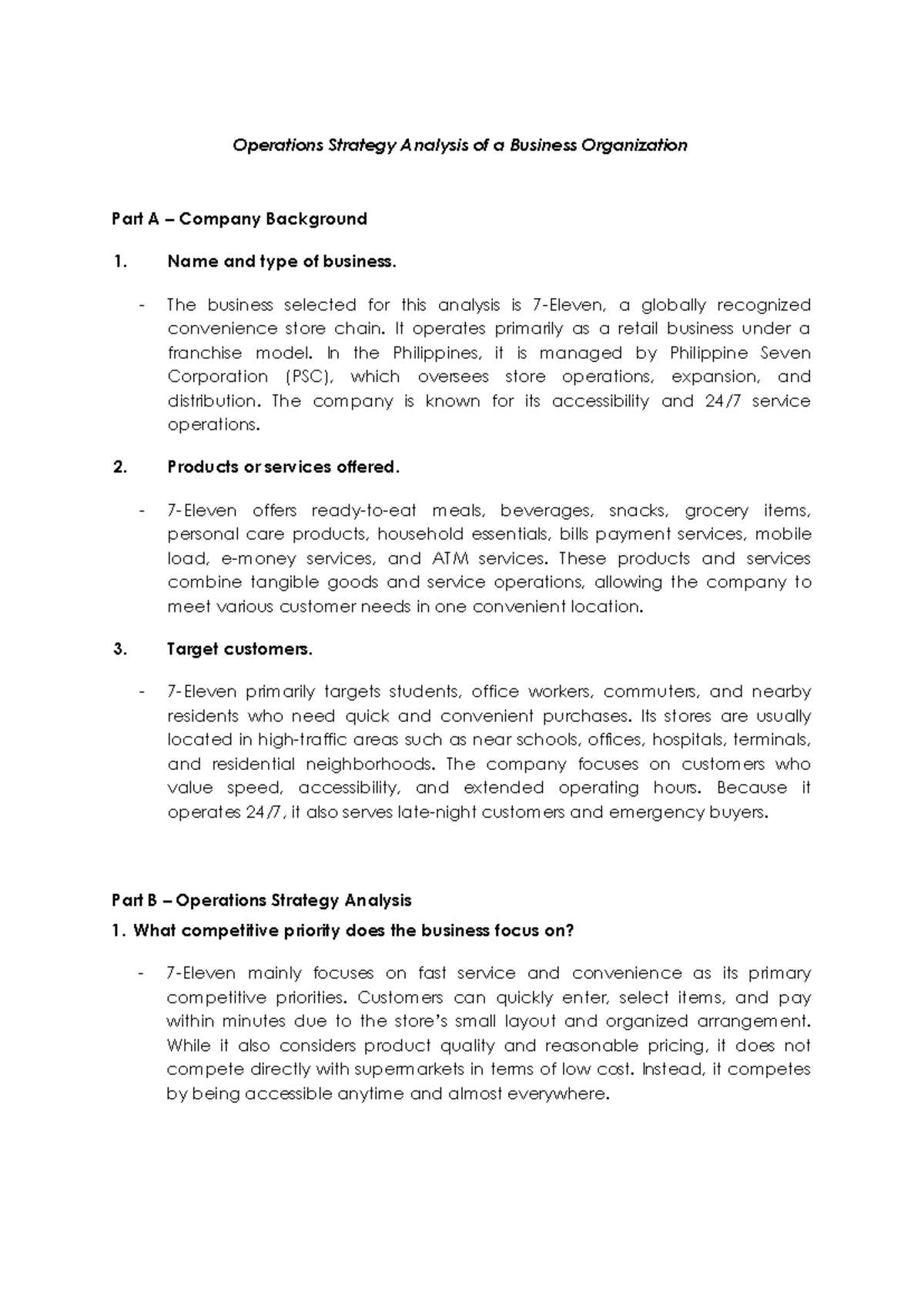 Operations Strategy Analysis of a Convenience Store Chain (CBMEC) - Studocu