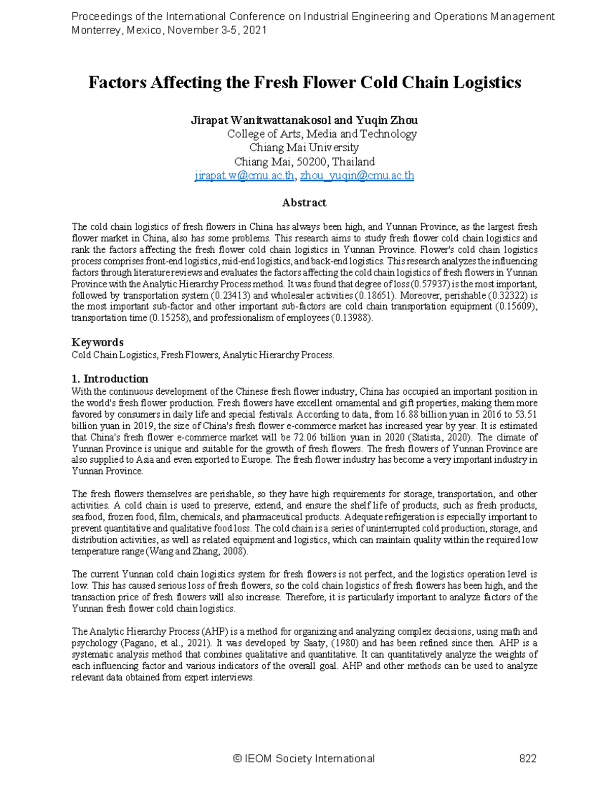 Factors Influencing Cold Chain Logistics of Fresh Flowers in Yunnan ...