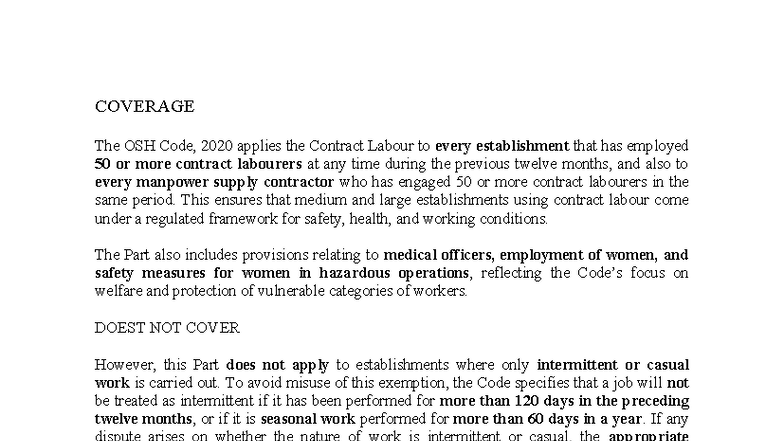 Contract Labour - LECTURE NOTES on OSH Code, 2020 - Studocu