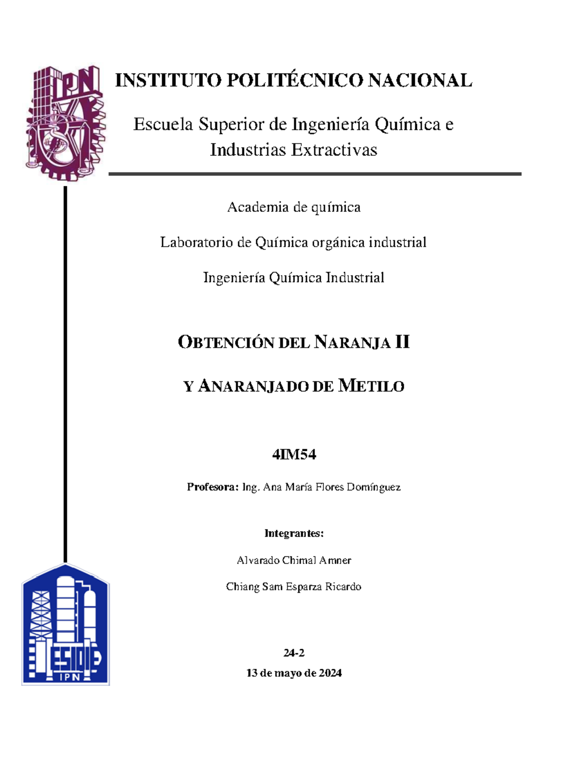 Obtención de Naranja II y Anaranjado de Metilo - 4IM Lab Report - Studocu