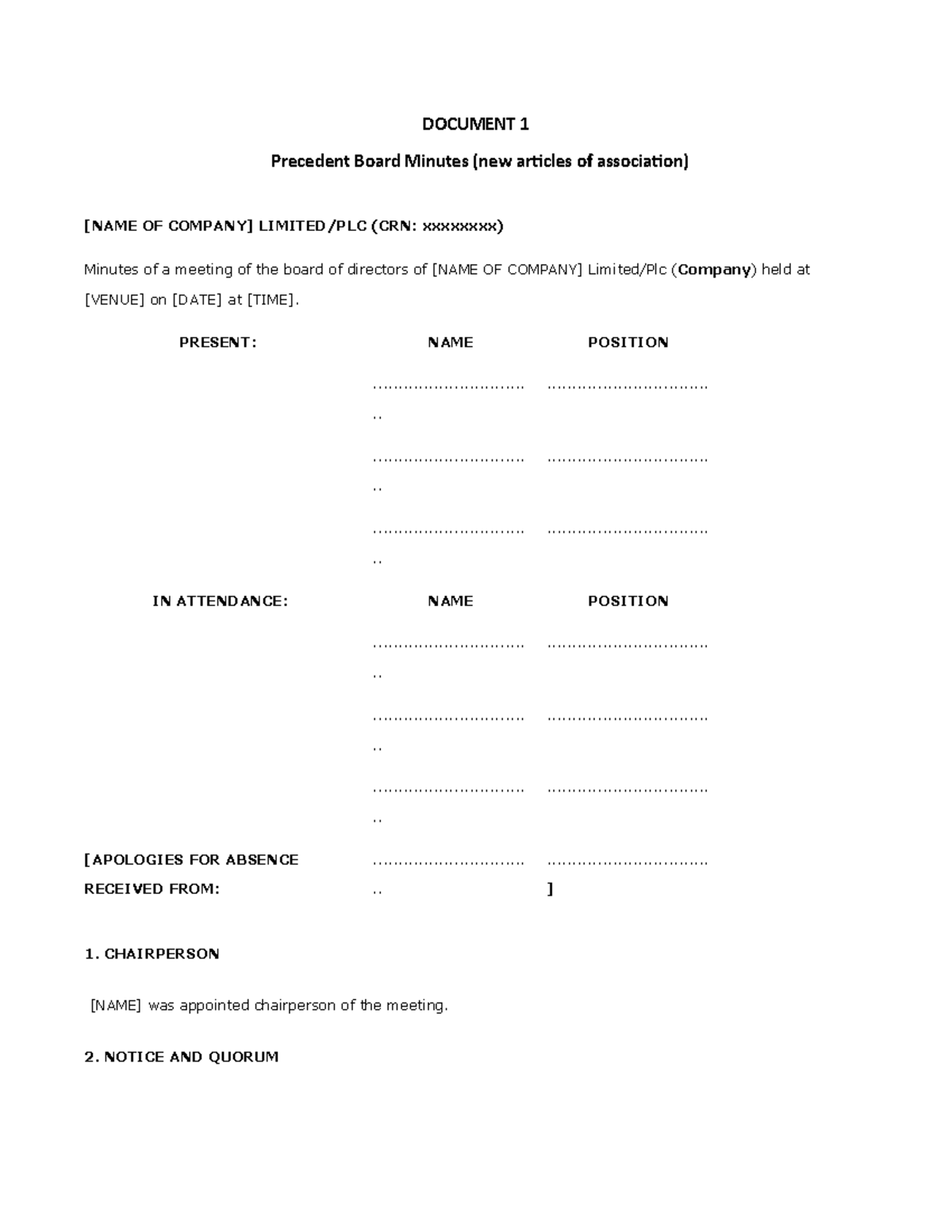 Precedent Board Minutes for New Articles of Association - Studocu