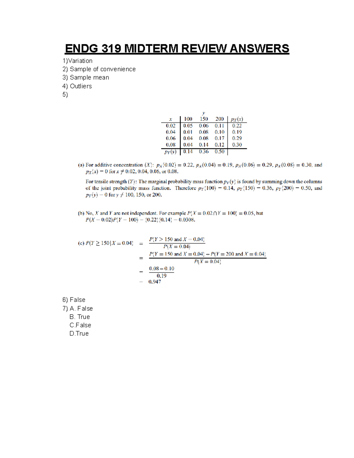 ENDG 319 Midterm Review Answers - ENDG 319 MIDTERM REVIEW ANSWERS 1 ...