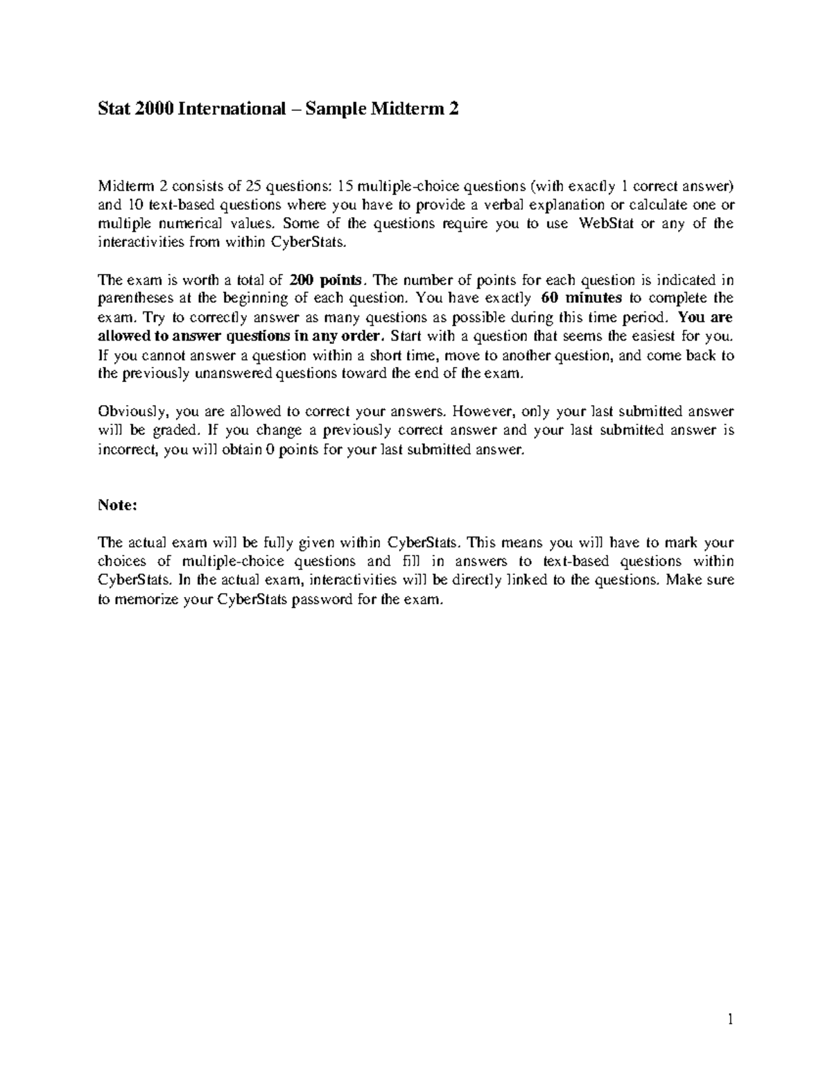 Stat 101 Sample Midterm 2: Key Concepts and Exam Structure - Studocu