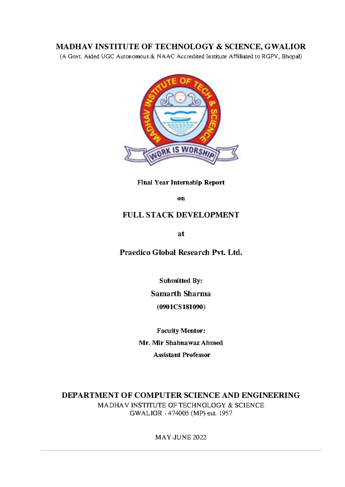 Final Year Internship Report: Full Stack Development (CSE 0901) - Studocu