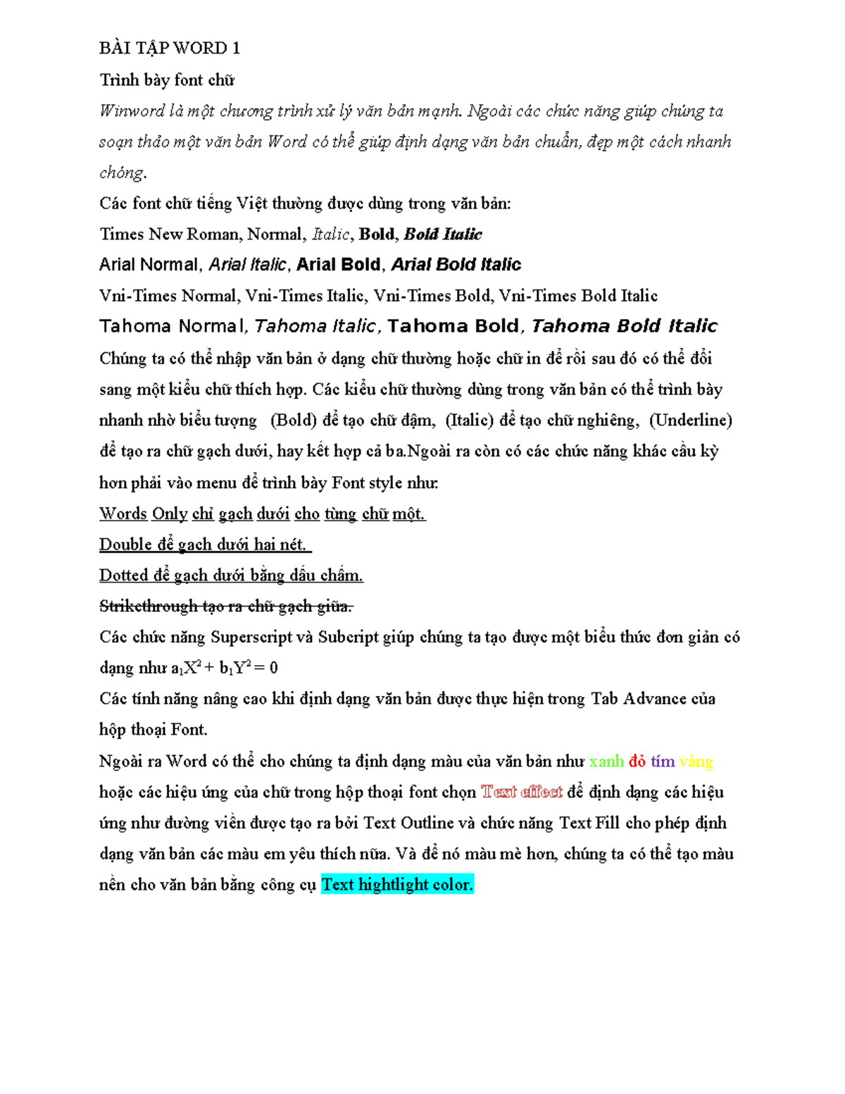 BÀI TẬP WORD 1: Hướng Dẫn Định Dạng Font Chữ Trong Winword - Studocu