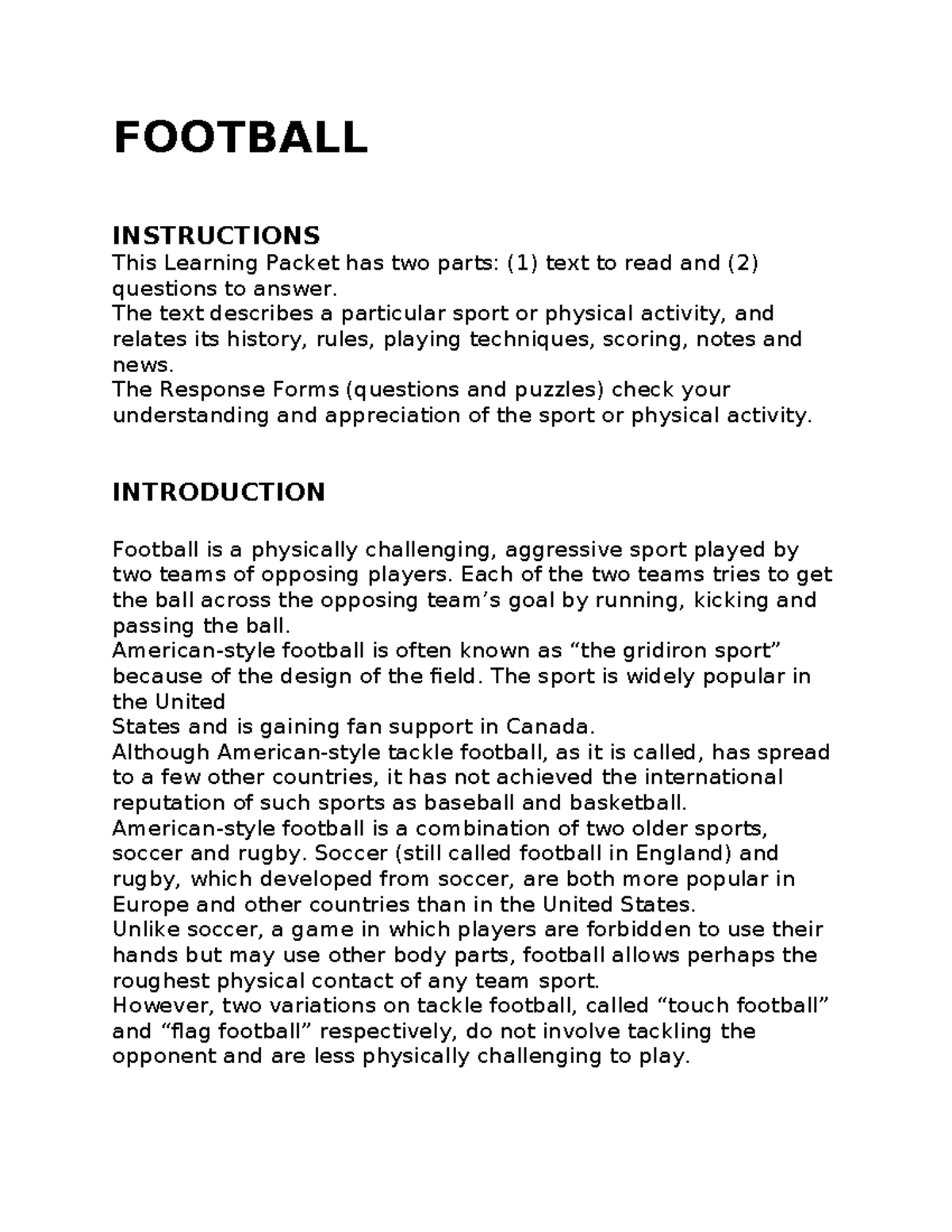 Football Instructions: Understanding the Game and Its History - Studocu