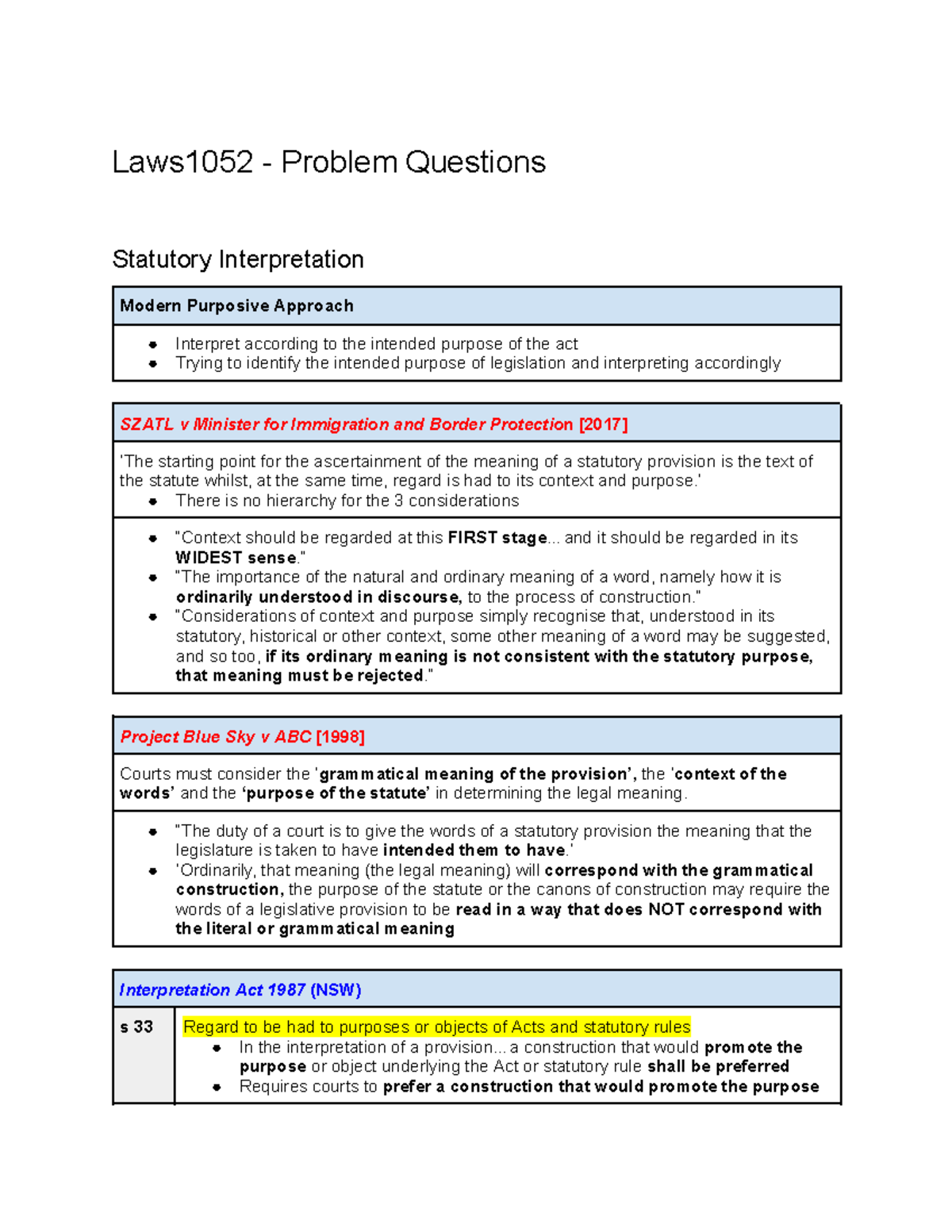 Laws1052 Problem Questions: Statutory Interpretation & Intent in Cases ...