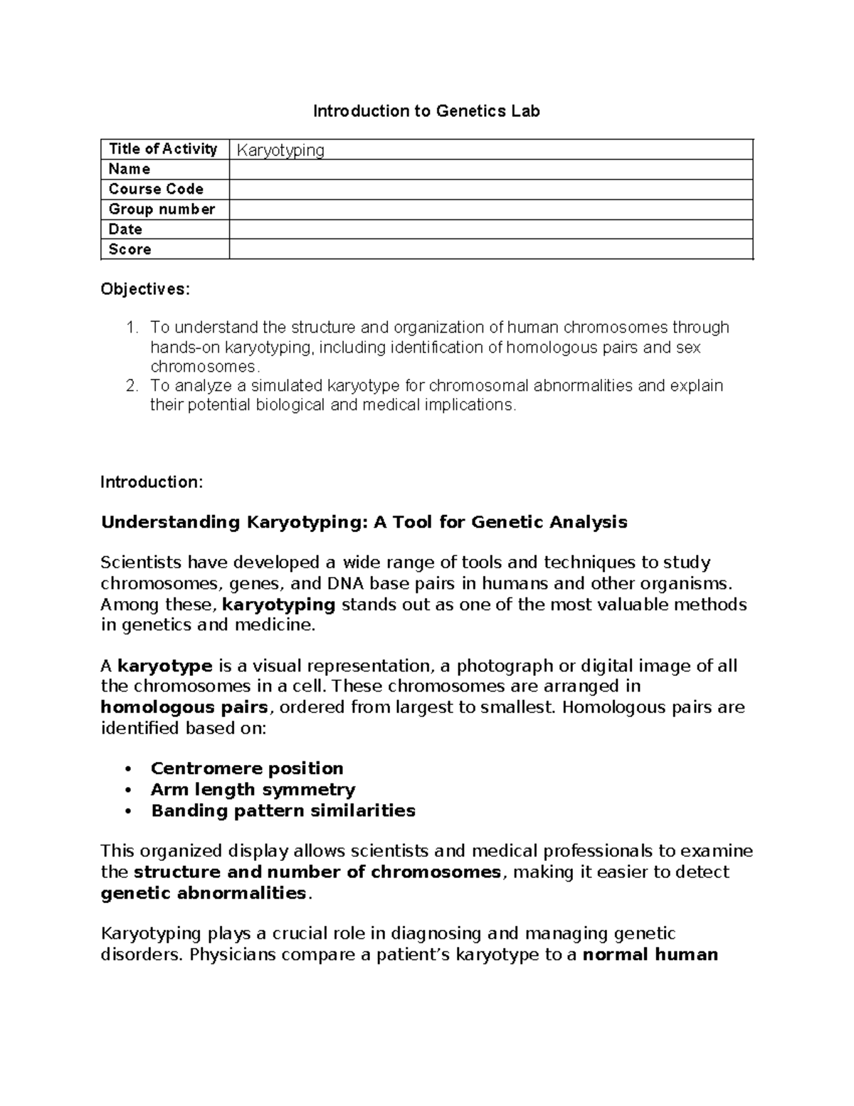 Karyotyping Lab Activity: Understanding Chromosomal Abnormalities - Studocu