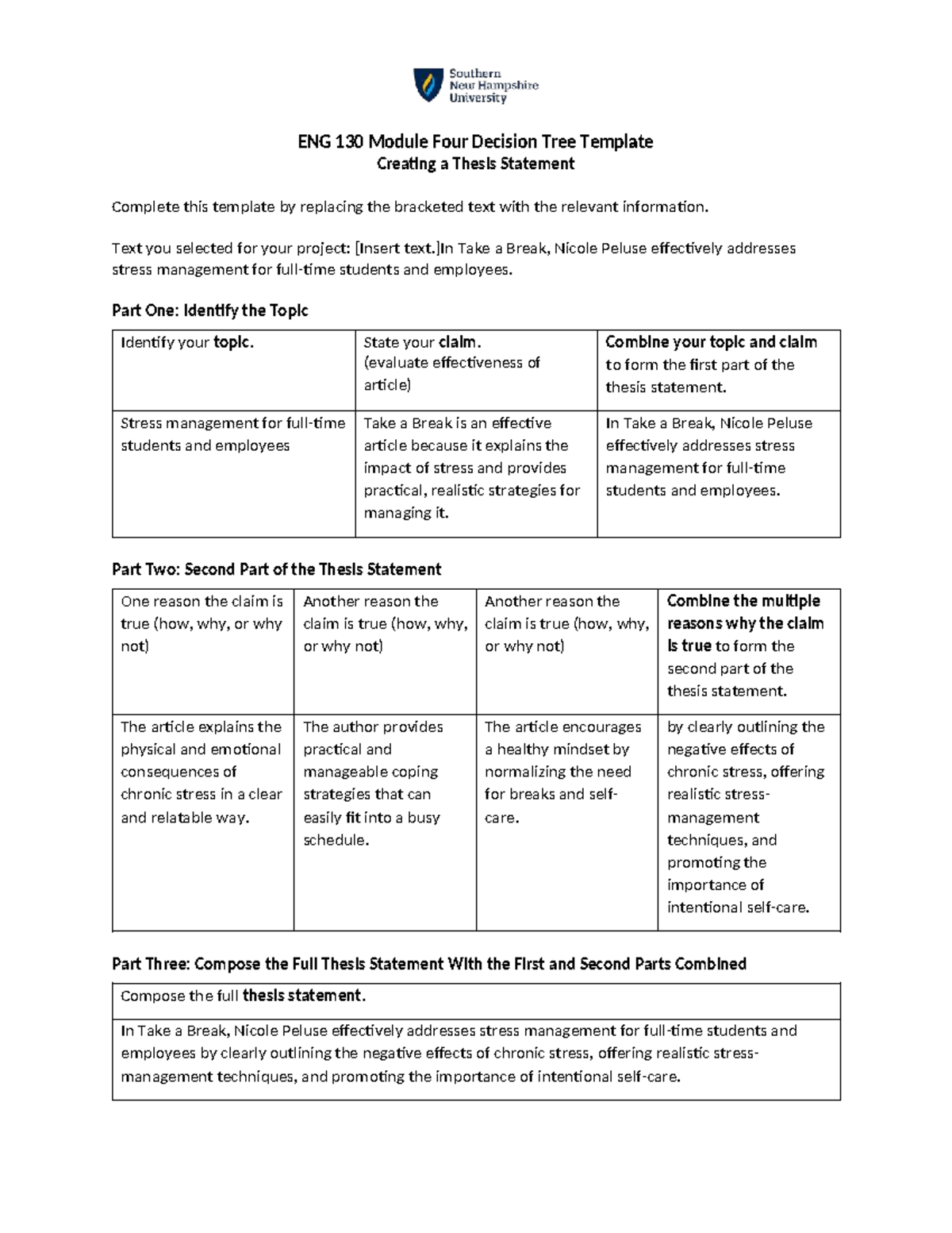 ENG 130 Module Four Thesis Statement Template on Stress Management ...