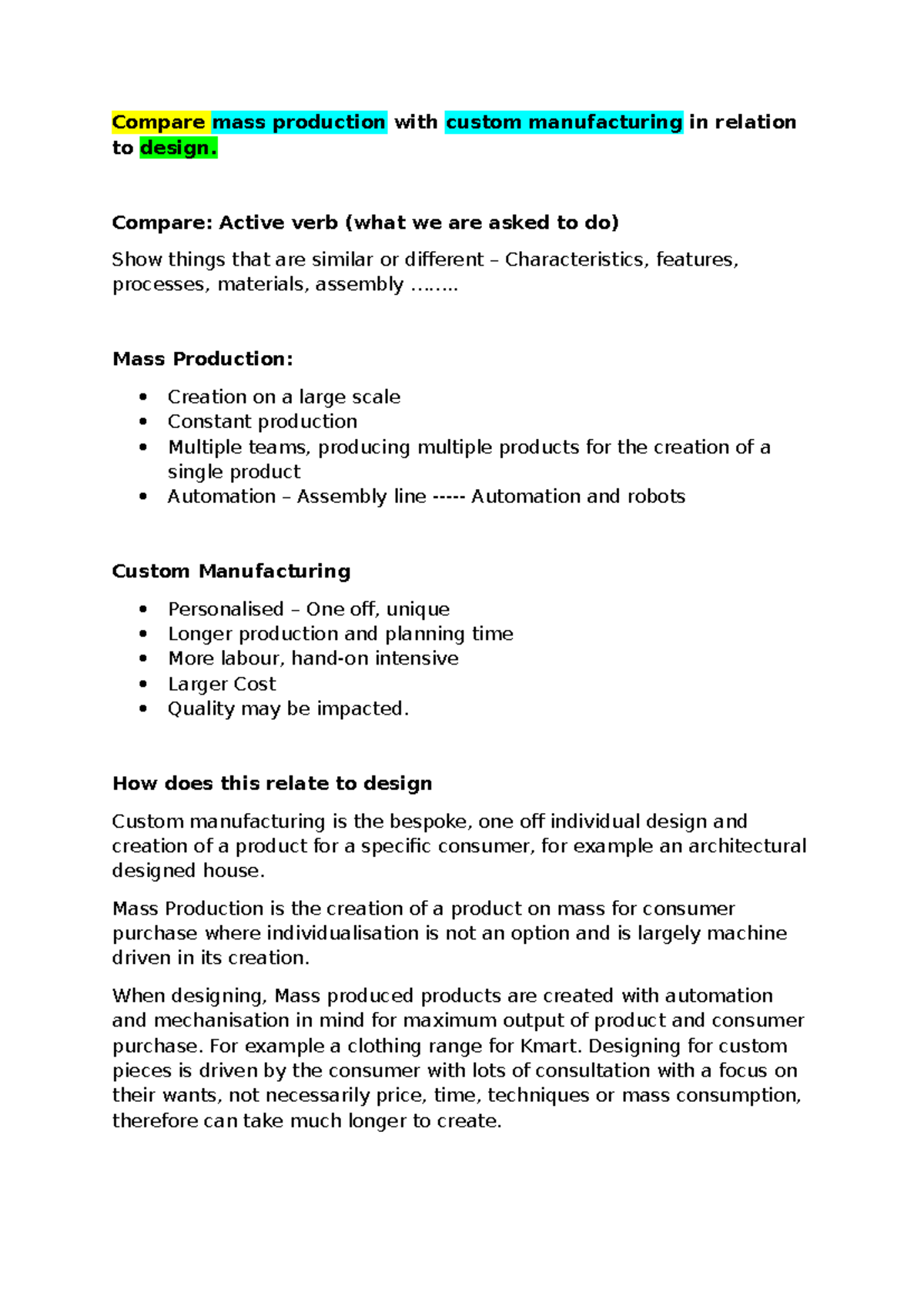Comparative Analysis of Mass Production vs Custom Manufacturing - Studocu