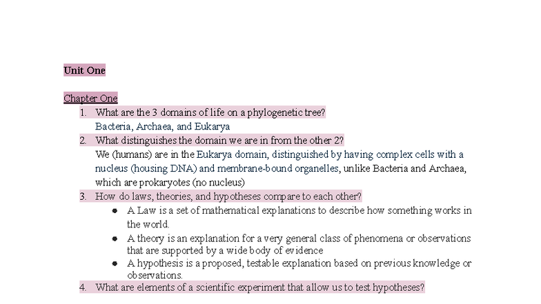 Final Biology Exam Review: Unit 1 Concepts & Key Terms - Studocu