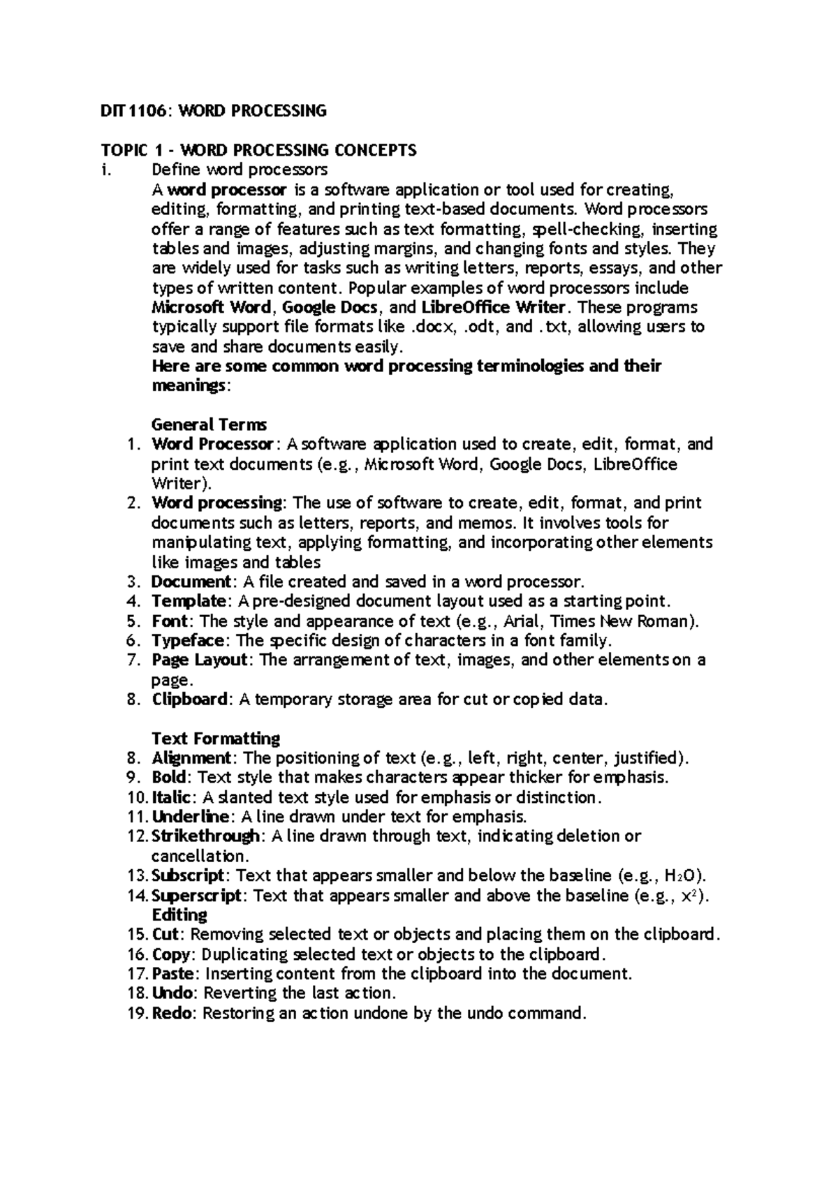 DIT1106: Word Processing Concepts and Skills - Notes Part 1 - Studocu