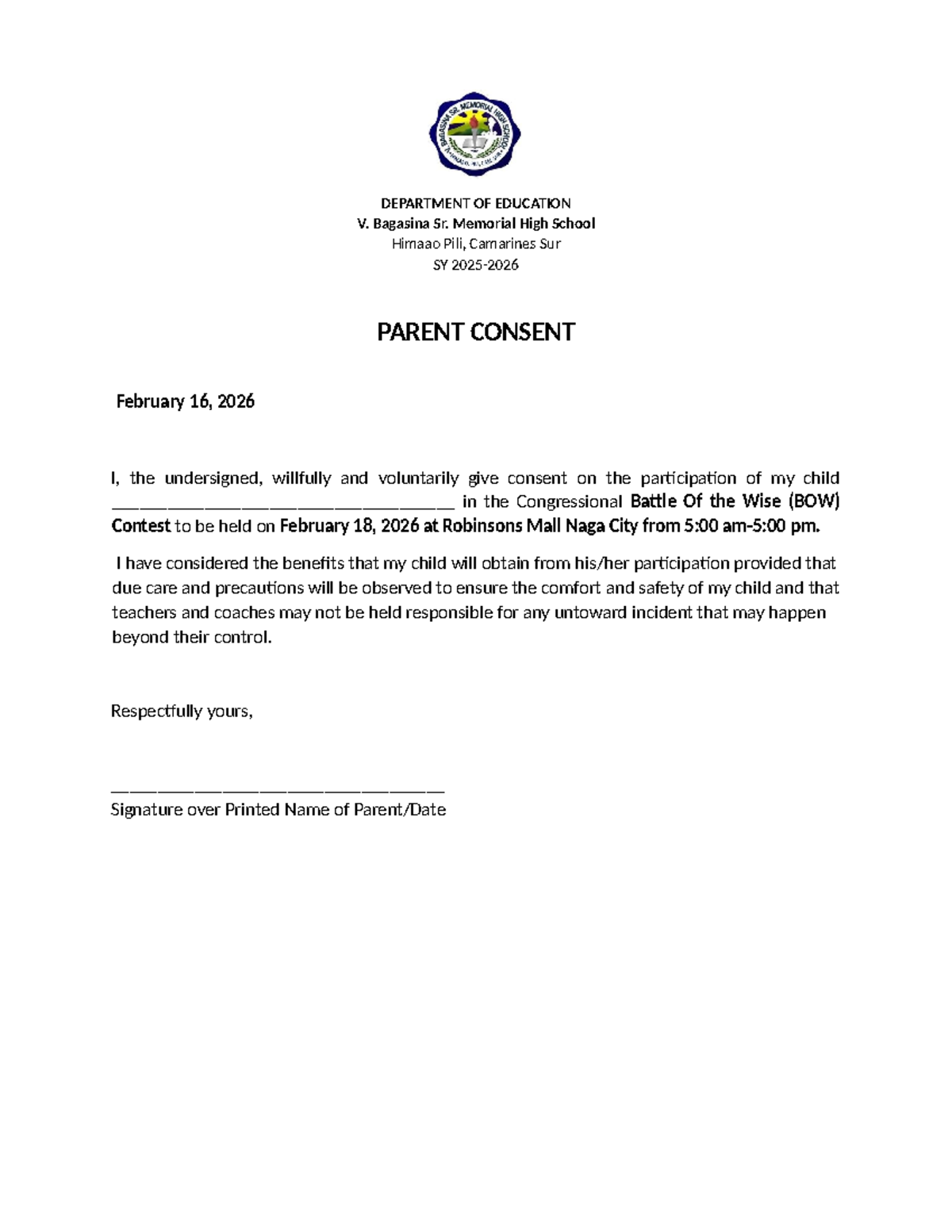 Parent Consent Form for Congressional BOW Contest 2026 - Studocu