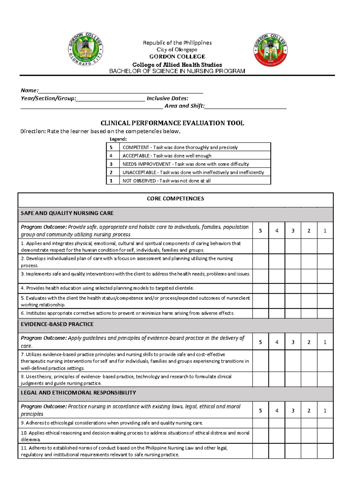 GORDON COLLEGE BS Nursing Program Clinical Performance Evaluation Tool ...