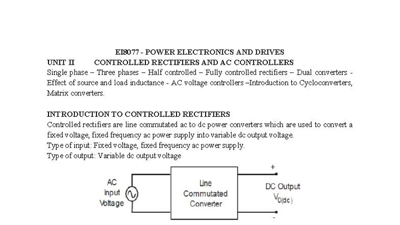 EI8077 POWER ELECTRONICS AND DRIVES UNIT II - Controlled Rectifiers ...