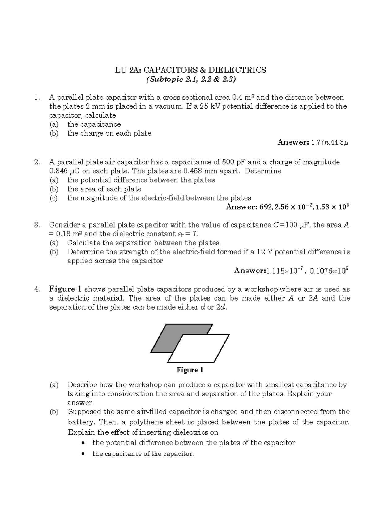 LU 2A: Capacitors and Dielectrics - Detailed Calculations and Concepts ...