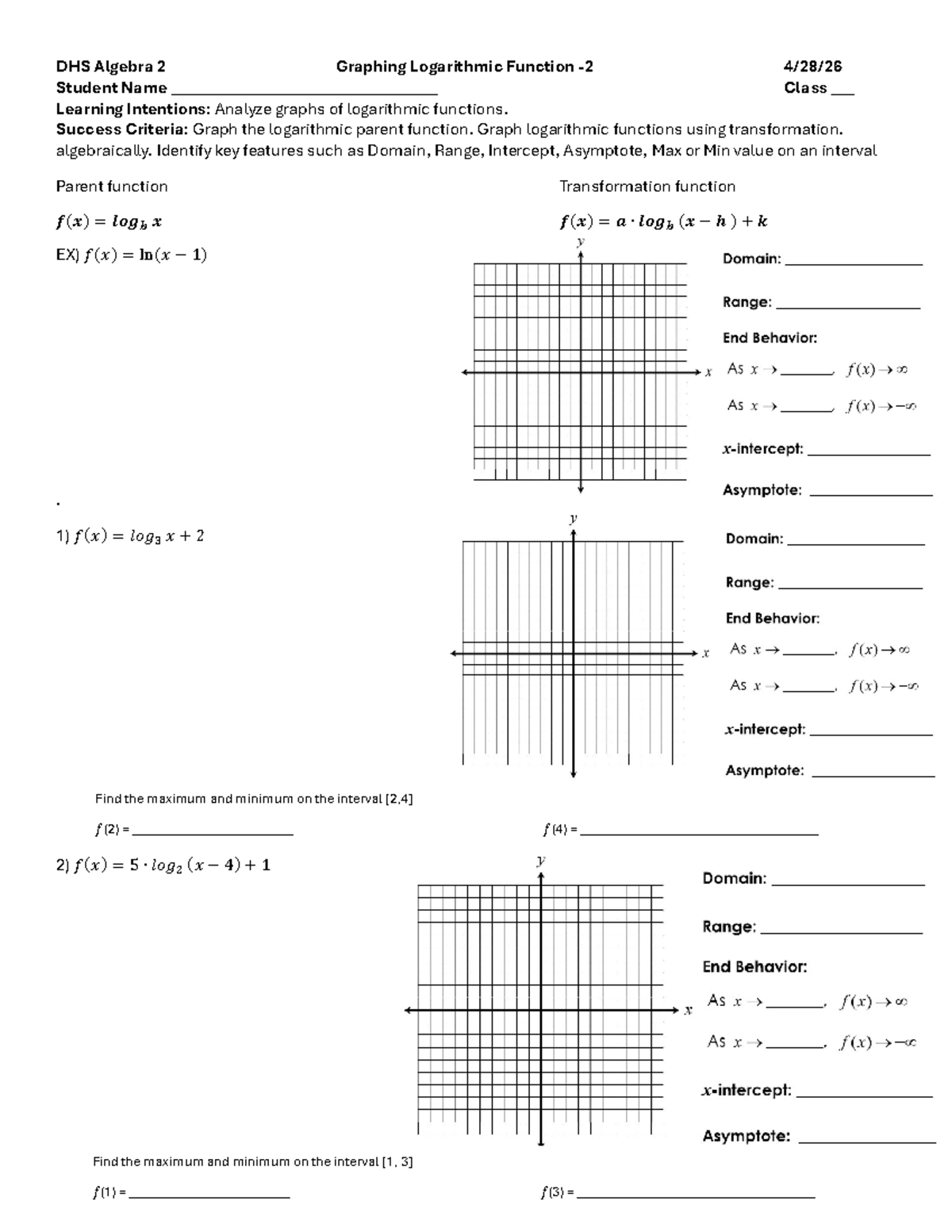 DHS Algebra 2: Graphing Logarithmic Functions - Day 2 Notes - Studocu