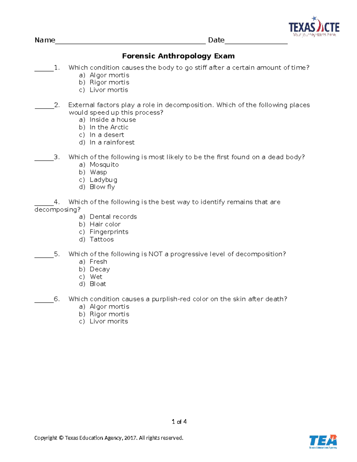 Forensic Anthropology Exam (Course Code: FA 101) with Answer Key - Studocu