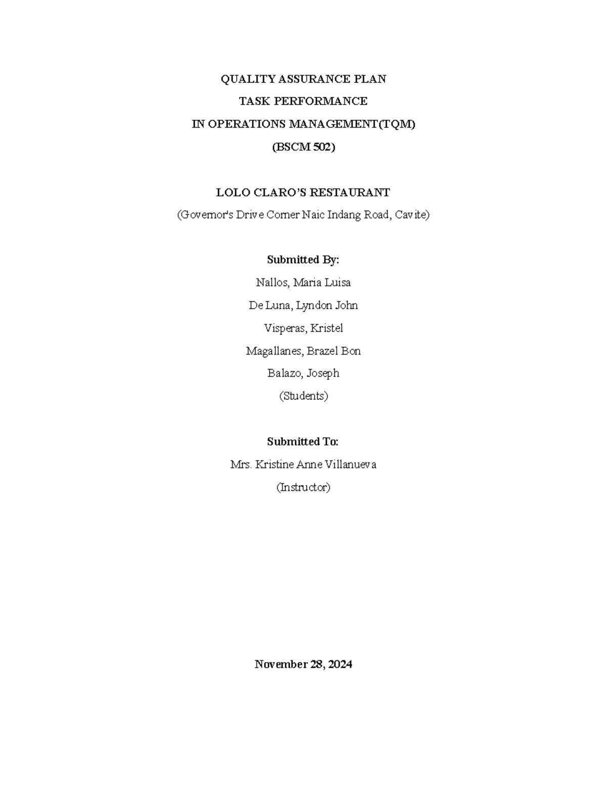 Lolo Claro-Quality-Assurance-Plan - QUALITY ASSURANCE PLAN TASK ...