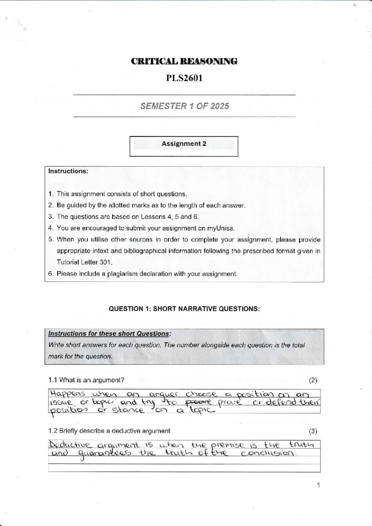 PLS2601 Assignment 2: Short Questions on Critical Reasoning - Studocu