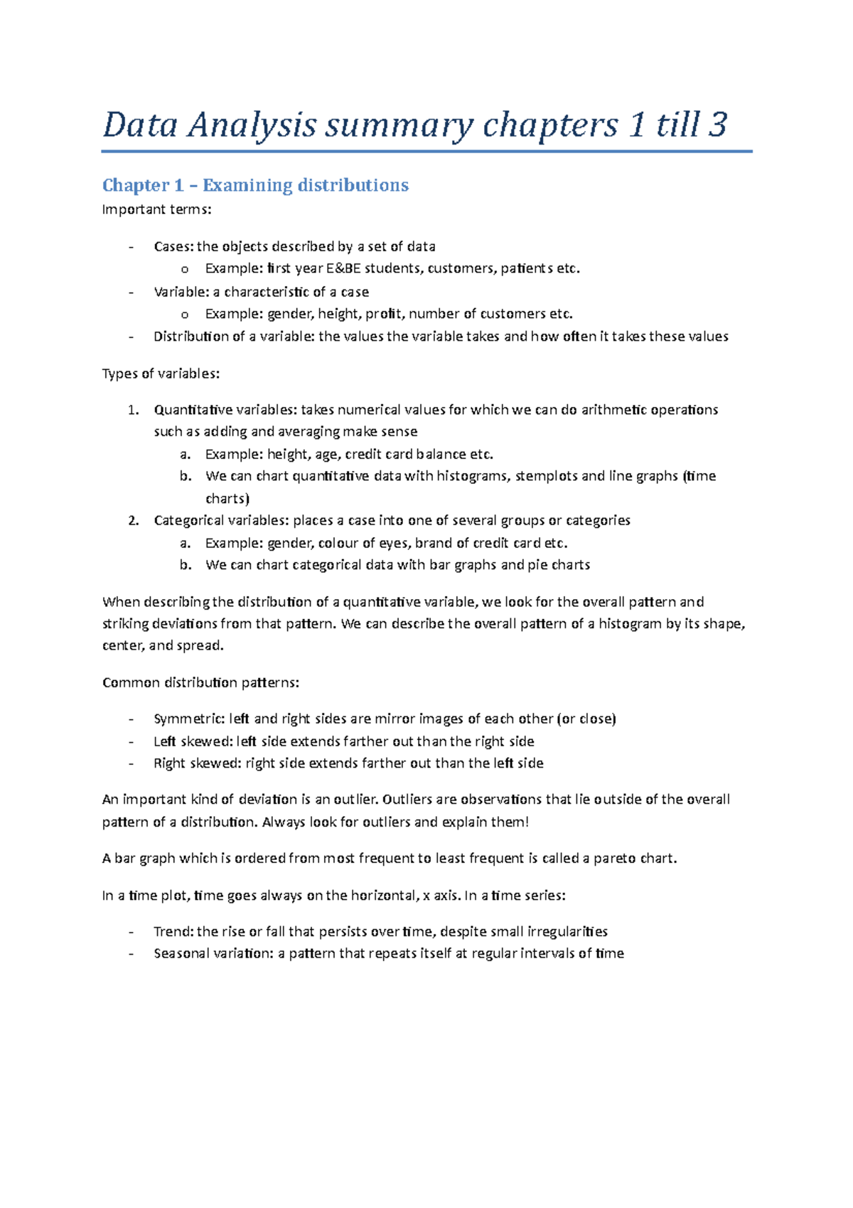 Data Analysis Summary: Chapters 1-3 Overview and Key Concepts - Studeersnel