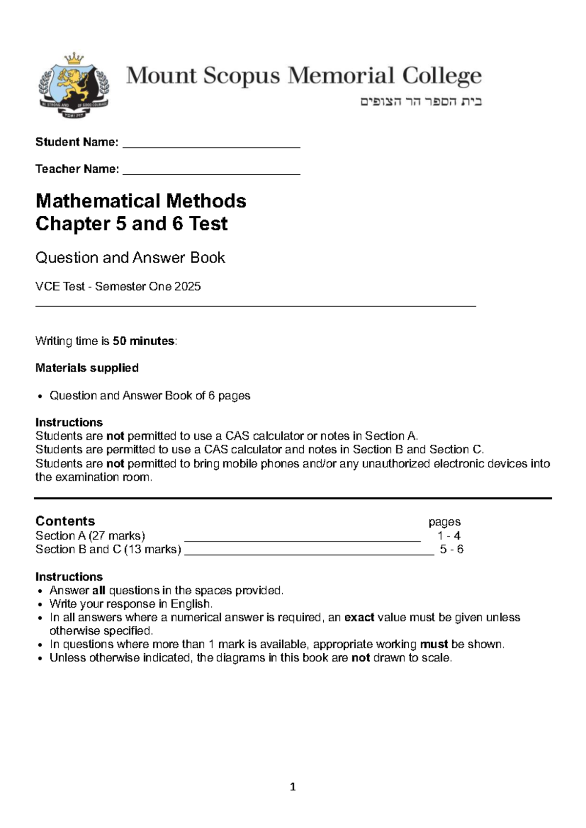 2025 VCE Mathematical Methods Ch 5 & 6 Test Q&A Book - Studocu