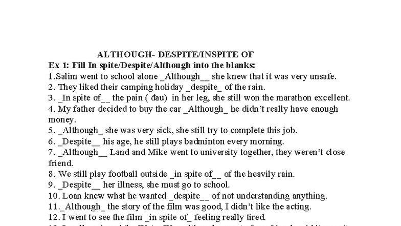 OF Ex 1: Fill in the Blanks and Sentence Completion Exercises - Studocu