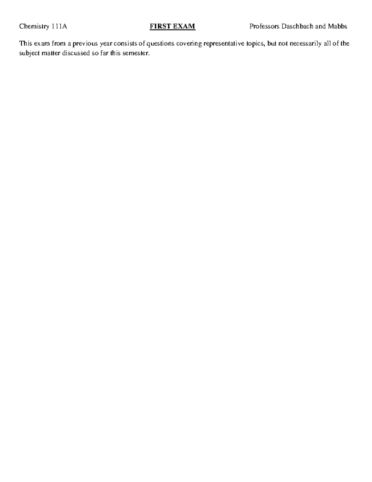 Previous Chem 111 Exam 1 Key Fall 2024 - Chemistry 111A FIRST EXAM ...