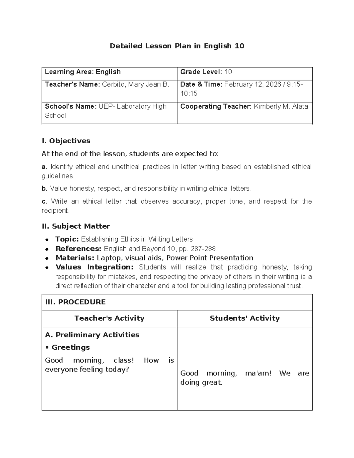 Detailed Lesson Plan: Establishing Ethics in Writing Letters (Eng 10 ...